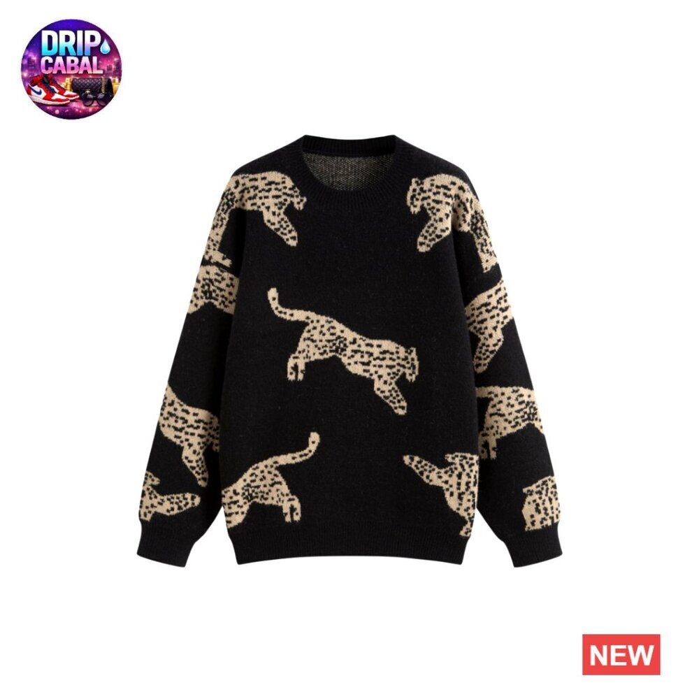 Leopard Print Crew Neck Pullover Sweater Boho Knit Casual Fall Y2K